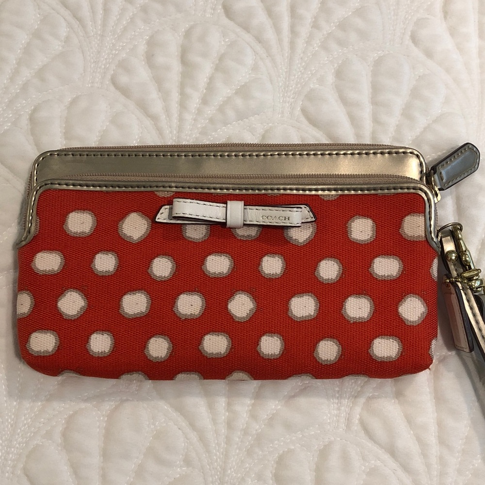 Coach Red and Gold Polka Dot Wristlet